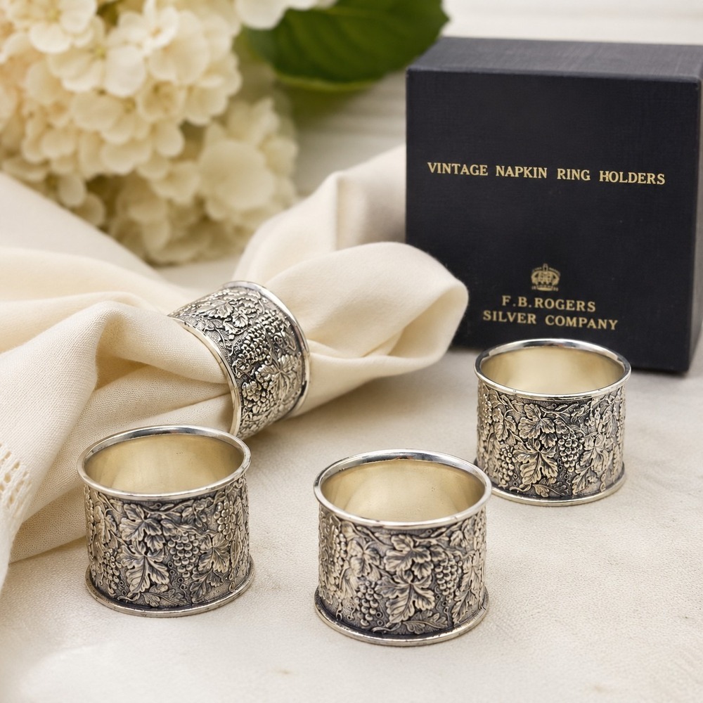 Vintage F.B. Rogers Silver Co. Grape Vine Napkin Rings Set of 4 F-996 Japan